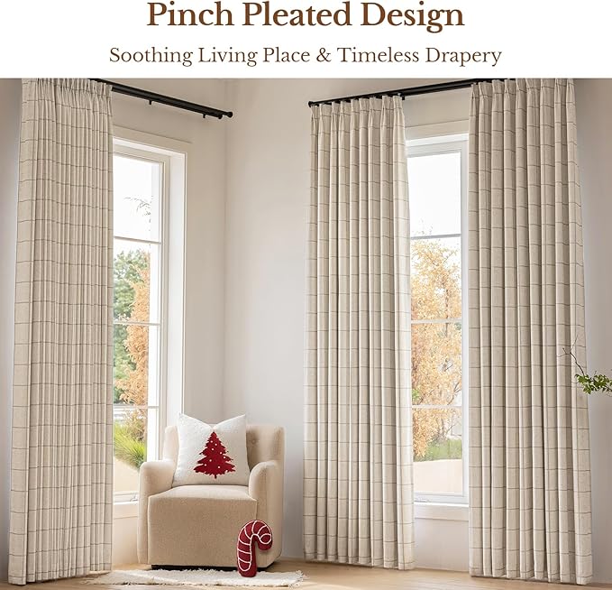 Pinch Pleated Plaid Curtains Blackout Linen Gingham Curtains for Living Room,Bedroom Checkered 84 Inches Long Double Layer 2 Panels Set Luxury and Modern Printed Design Darkening