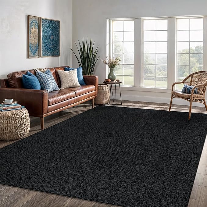 Easy Jute Rug 8x10 Indoor Outdoor Natural Rugs Solid Fiber Rug Woven Area Rug Boho Easy Clean Inside Carpet for Living Room Bedroom Dining Room Hallway or Outdoor Patio Porch (8 X 10 Dark Grey)