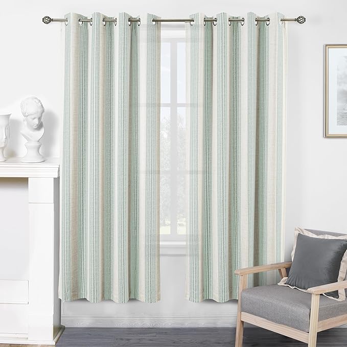 DriftAway Farmhouse Vertical Striped Linen Blend Textured Light Filtering Semi Sheer Curtains for Living Room Bedroom 63 Inches Long Drapes 2 Panels Broad Striped Green