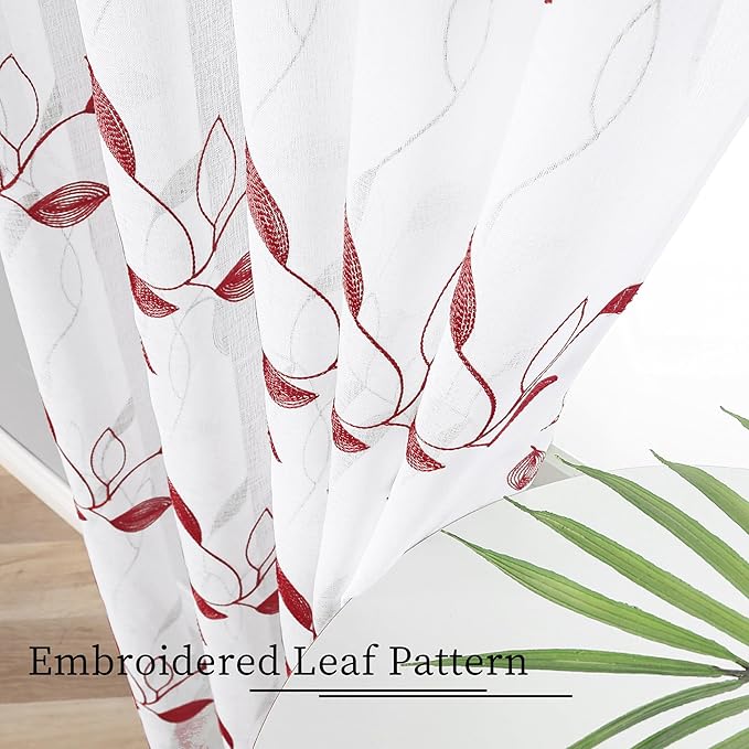 Tollpiz Burgundy Red Leaf Sheer Curtain Leaves Embroidered Bedroom Curtains Rod Pocket Voile Window Treatments for Living Room, 38 x 63 inches Long, Set of 2 Panels