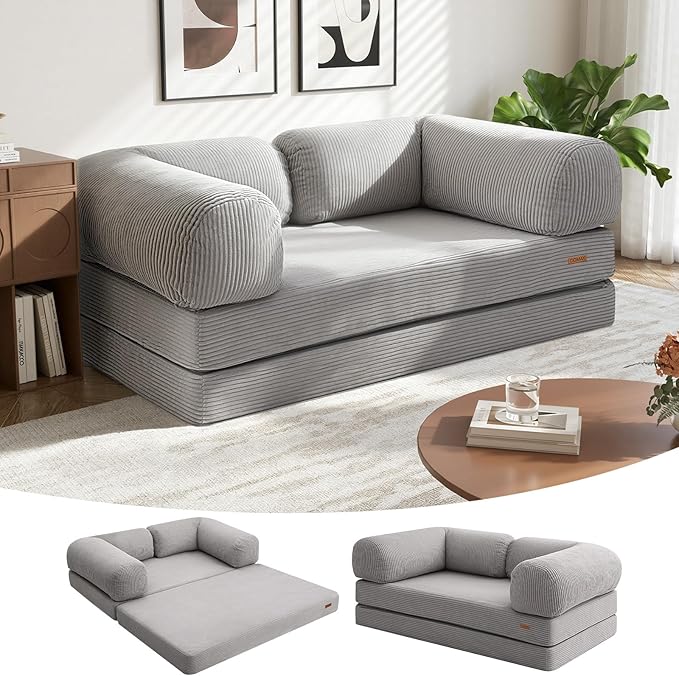 COMAX Folding Sofa Bed Queen, 4-in-1 Foldable Floor Couch Convertible Futon Sofa with Armrests Sleeper Mattress Chair Bed Comfy Portable Fold Out Lounge Guest for Living Room Bedroom, Light Grey