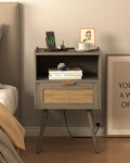 Rattan Nightstand with Outlet,Modern Bedside Table with Storage Drawer and Open Wood Shelf, for Living Room, Bedroom and Small Spaces, Accent Night Stand with Solid Wood Legs,Grey Oak