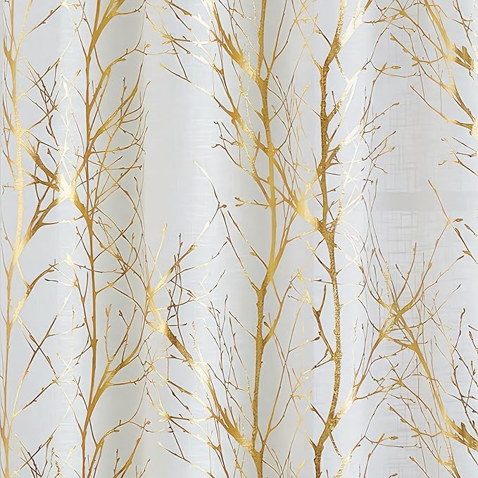 FMFUNCTEX Linen Semi Sheer Curtains, Gold Foil Metallic Print White Tree Panel for Bedroom & Living Room, Light Filtering 84 Inch Long Grommet Top 2 Panels
