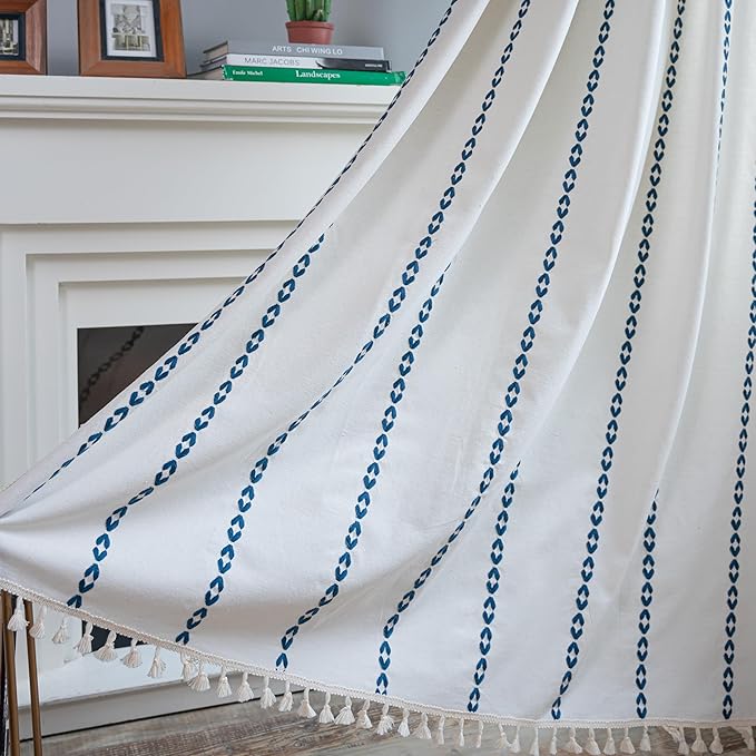 Sutuo Home Boho Kitchen Curtains for Dining Room, Semi Blackout Farmhouse Vintage Tassels Window Treatment Bohemian Embroidery Drape, Rod Pocket 1 Panel 52" W x 63" L, White and Navy Blue
