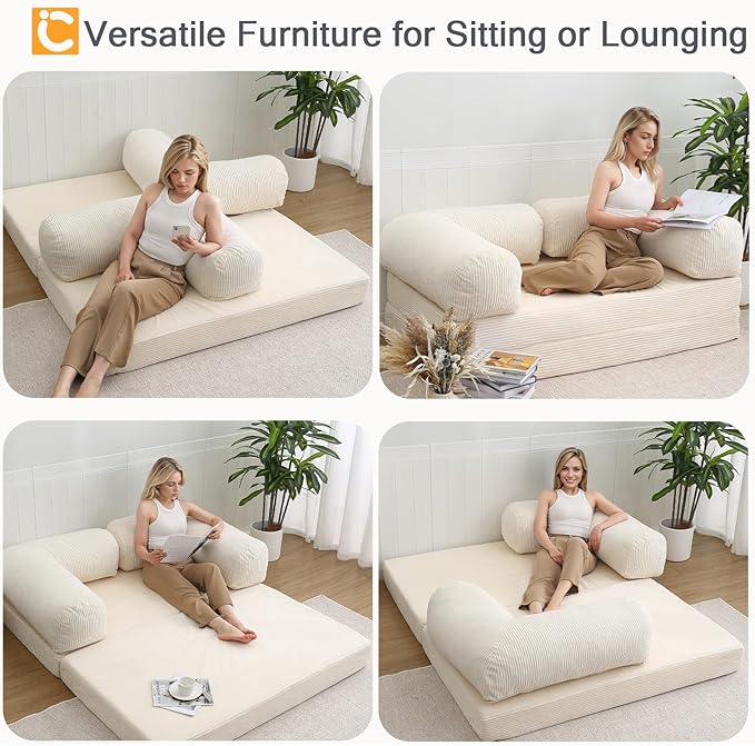 COMAX 4‑in‑1 Futon Sofa Bed Queen – Floor Foldable Convertible Sofa Couch with L‑Shaped Armrests, Removable Cover, Convertible Guest Bed | Space‑Saving Fold‑Out Mattress Lounge for Living Room, Beige