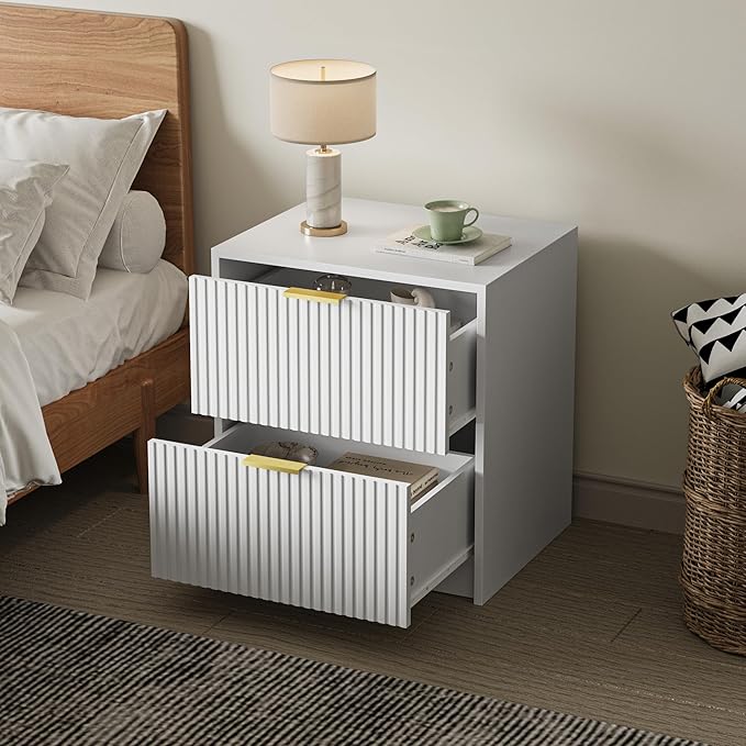 3-Piece Dresser Bedroom Set, 6 Drawer Dresser & 2 Drawer Nightstands with Gold Handles, Fluted Wood Chest of Drawers for Bedroom, Living Room, Entryway, White