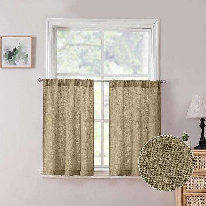 Tollpiz Linen Tier Curtain Rod Pocket Semi Sheer Half Kitchen Curtains Burlap Light Filtering Thick Linen Drape for Bathroom, 30 x 36 inches Long, Taupe, Set of 2 Panels