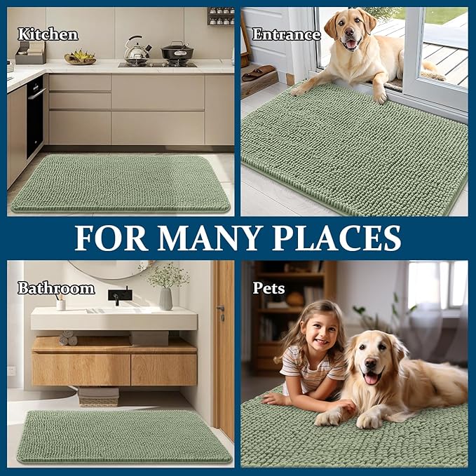 OLANLY Dog Door Mat for Muddy Paws 47x24, Absorbs Moisture and Dirt, Absorbent Non-Slip Washable Doormat, Quick Dry Chenille Mud Mat for Dogs, Entry Indoor Entryway Carpet for Inside Floor, Sage Green