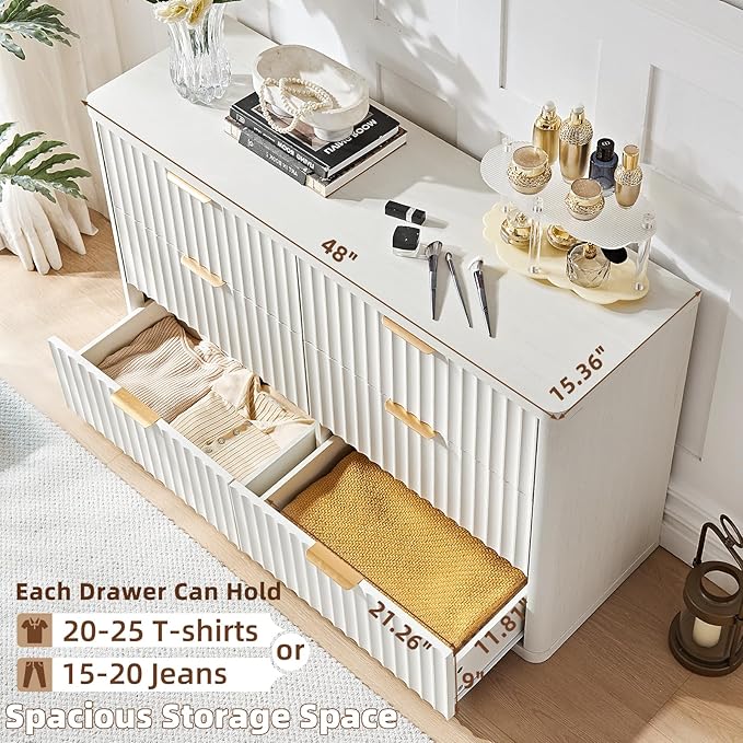 LEYAOYAO 48" Wide Fluted Dresser and 2 Drawers 23" Nightstand Set of 2, Wooden Dresser & Night Stand with Charging Station, 3 Piece Bedroom Furniture Set, Chest of Drawer for Living Room,Antique White