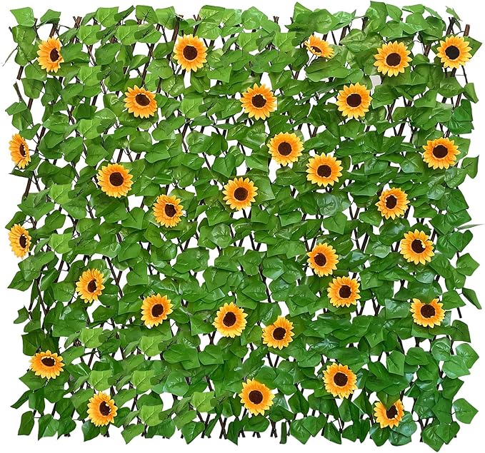 Sumery Expandable Fence Privacy Screen for Balcony Patio Outdoor,Decorative Faux Ivy Fencing Panel,Artificial Hedges (Single Sided Leaves) (4, Sunflowers)