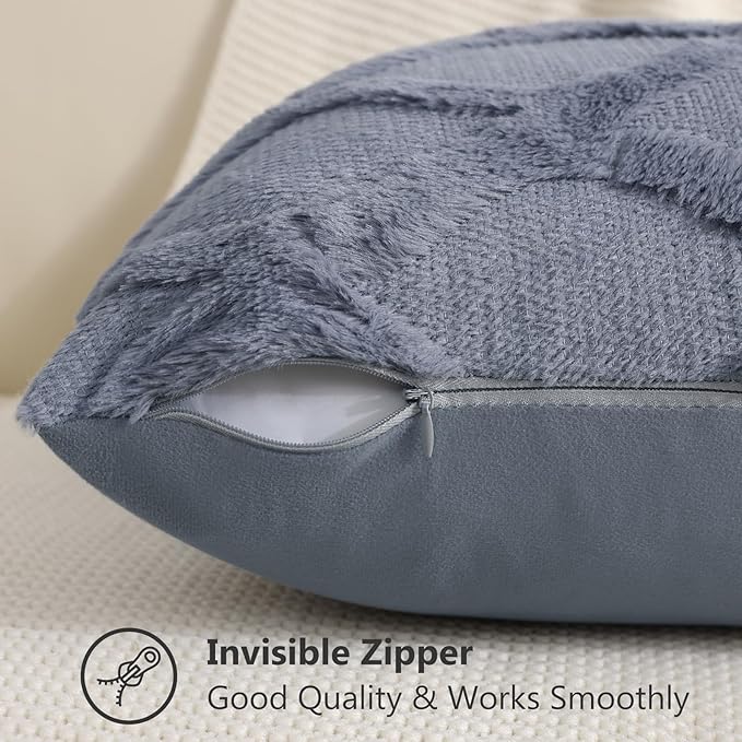 decorUhome Spring Throw Pillow Covers 18x18 Inch Set of 2, Soft Plush Faux Fur Wool Blue Grey Couch Pillow Covers, Decorative Neutral Pillow Cases for Bed Sofa Living Room Home Decor