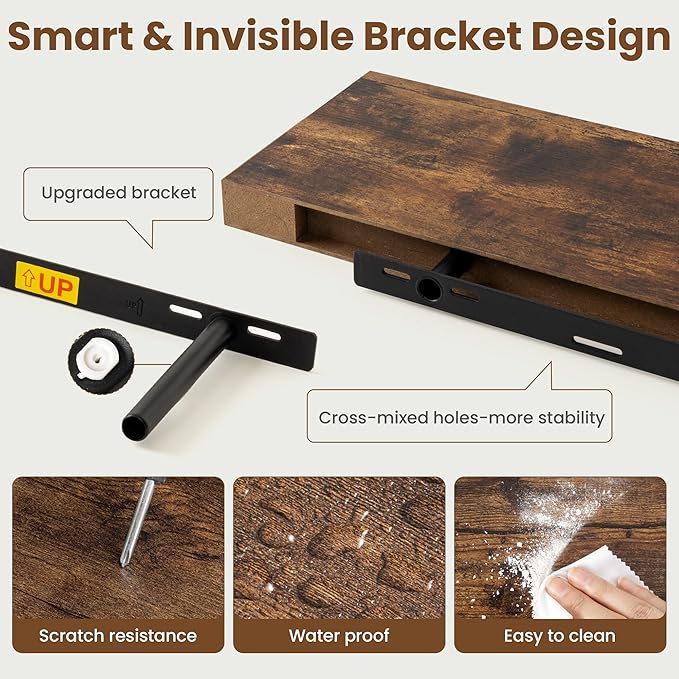 55 Inch Floating Shelves for Wall, 8 Inch Deep Floating Shelf for Storage & Display, Wall Mounted Shelf with Invisible Brackets for Living Room, Kitchen, Bathroom, Home Decor, Set of 2, Rustic Brown
