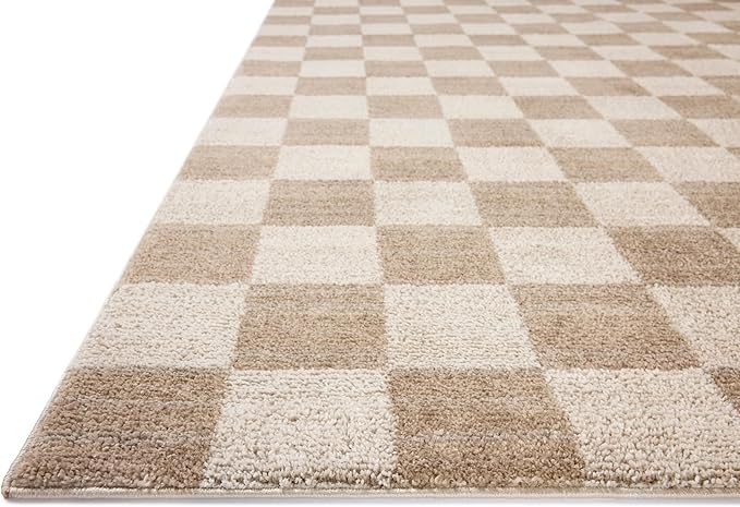 Loloi Chris Loves Julia Calvin Collection CLV-01 Pebble/Ivory 9'-6" x 12'-6" Area Rug Checkered Neutral Soft Living Room Bedroom Carpet