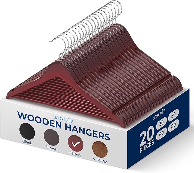 SereneLife 20-Pack Wooden Coat Hangers – Durable Suit Hangers with 360° Swivel Hook & Notches – Slim Design for Shirts, Jackets, Dresses, and More