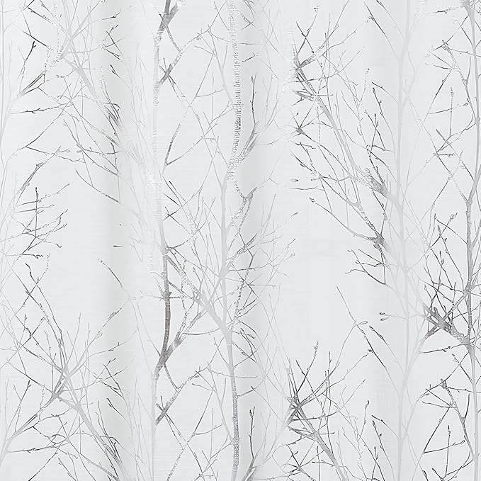 FMFUNCTEX Linen Semi Sheer Curtains for Living Room & Bedroom, Silver Metallic Print White Tree Panel, Light Filtering, 63 Inches Long, 2 Panels