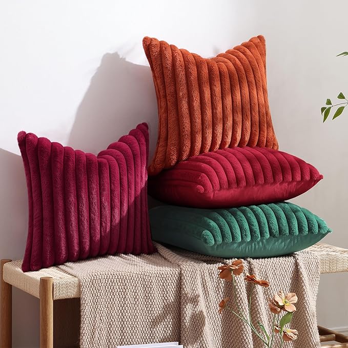 decorUhome Faux Fur Spring Throw Pillow Covers 20x20 Set of 2, Decorative Soft Plush Striped Neutral Couch Pillow Covers with Velvet Back for Sofa, Bed, Living Room Home, Red
