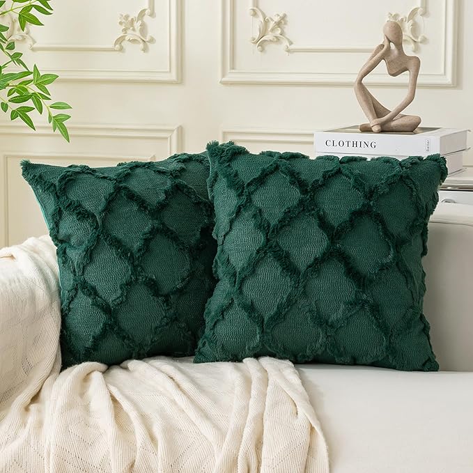 Set of 2 Soft Moroccan Throw Pillow Covers 20x20 Inch Plush Boho Decorative Pillow Cover Accent Cushion Case for Couch Sofa Bed, Dark Green
