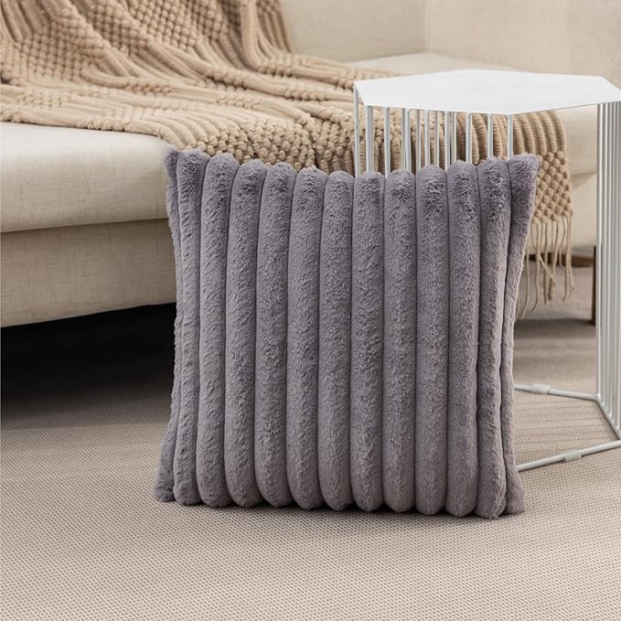 ZLINA Set of 2 Dark Grey Faux Fur Decorative Throw Pillow Covers Fluffy Striped Pillowcase Cushion Covers 18 x 18 Inch Decor Sofa Couch Bedroom