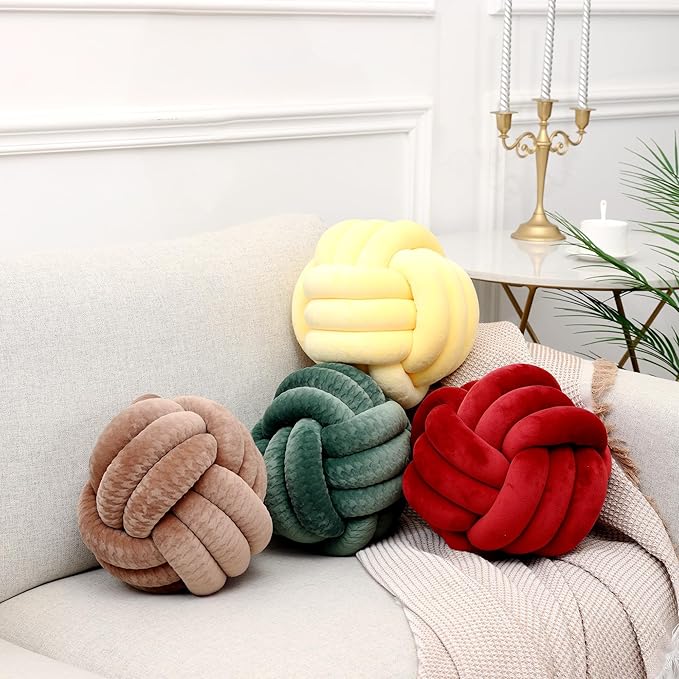 Petrella Knot Pillows Ball Round Throw Pillows Home Decor Cushion Decorative Aesthetic Throw Pillows，Burgundy 8inch
