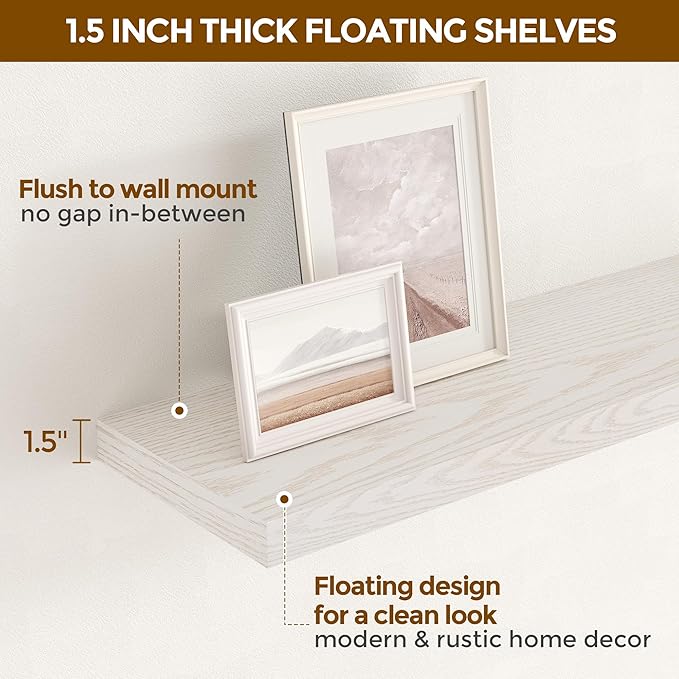 Fun Memories 72 Inch Floating Shelves for Wall, 72x9.3 Large Floating Shelf for Bedroom, Kitchen, Bathroom, Wall Mounted Rustic Wood Shelves with Invisible Bracket for Books, Decor, Brich