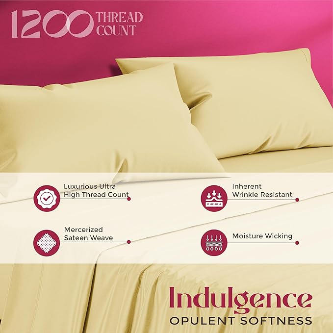 Mayfair Linen 100% Egyptian Cotton Sheets King Size - Luxury 1200 High Thread Count Egyptian Cotton King Size Sheets Set (4 PC, Beige), Silky Soft, Cooling, 17" Deep Pocket Sateen Weave Hotel Bedding