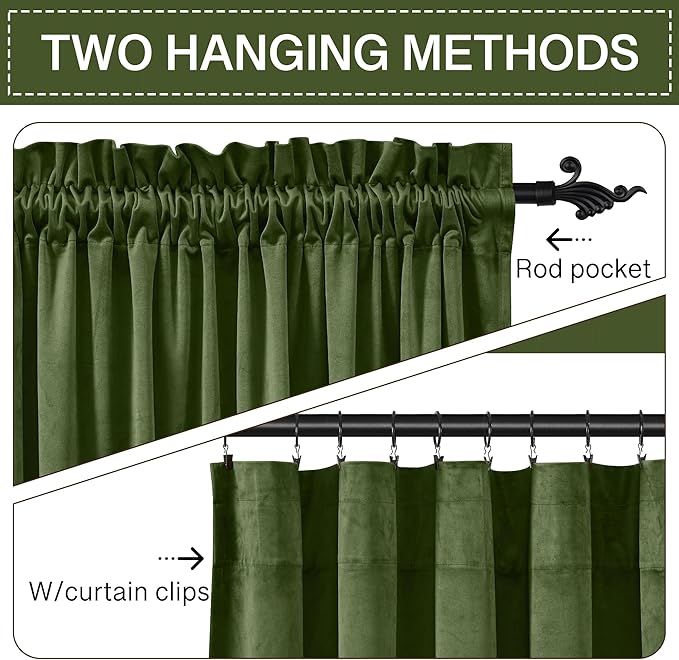 StangH Moss Green Christmas Holiday Curtains - Cozy Velvet Window Drapes for Bedroom, Soft Privacy Thermal Insulated Curtains for Living Room, W52 x L105, 2 Panels