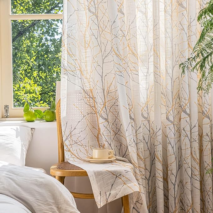FMFUNCTEX Linen Semi Sheer Curtains for Bedroom, Yellow White Curtains 45 Inches Long for Living Room, Grey Tree Branch Print Curtain Light Filtering Kitchen Window Drapes, Grommet Top 2 Panels