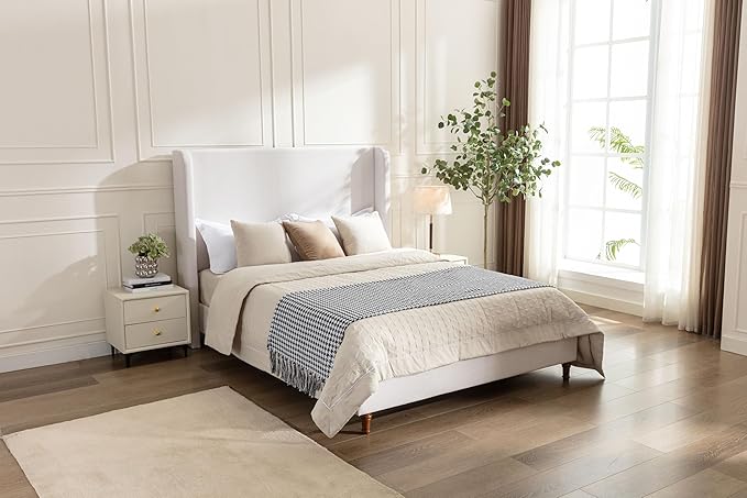California King Size Upholstered Bed Frame, Platform Bed Frames with 54" Tall Headboard Wingback, Strong Wood Slats Support/No Box Spring Needed/Elegant Simplicity/No Noise, Textured Ivory Canvas