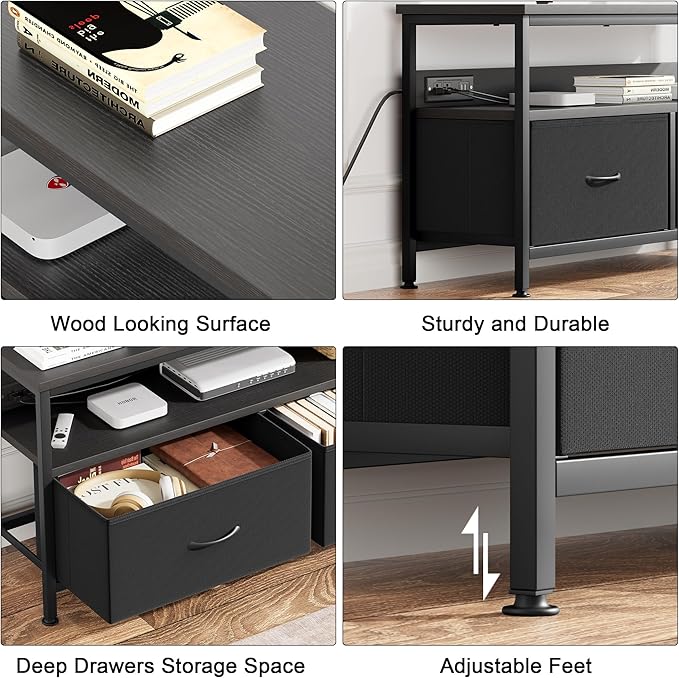 39" Dresser TV Stand for TVs up to 50", Media Console with LED Lights, Charging Station & 2 Drawer Storage Chest, Gaming Entertainment Center with Storage for Bedroom (Black, 39 in)
