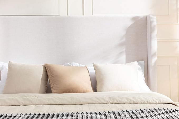 California King Size Upholstered Bed Frame, Platform Bed Frames with 54" Tall Headboard Wingback, Strong Wood Slats Support/No Box Spring Needed/Elegant Simplicity/No Noise, Textured Ivory Canvas