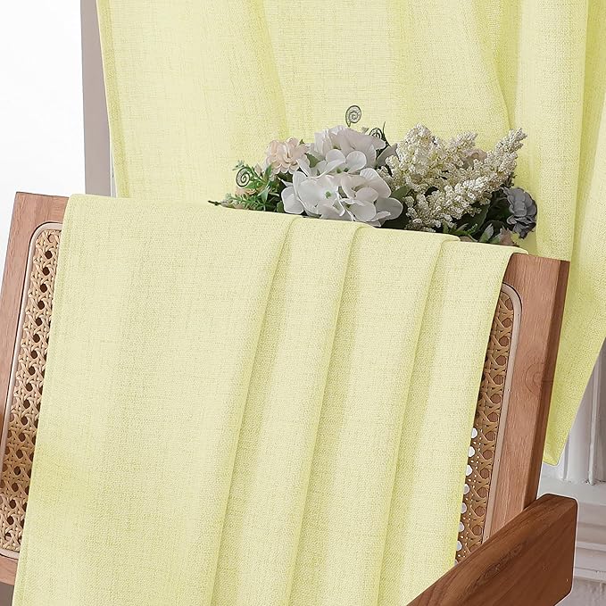 Tollpiz Short Linen Curtains Living Room Rod Pocket Semi Sheer Curtain Burlap Light Filtering Thick Linen Drapes for Bedroom, 54 x 54 inches Long, Cream Yellow, Set of 2 Panels