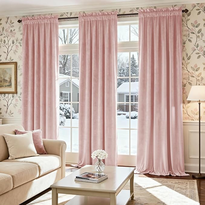 Lazzzy Velvet Blackout Curtains Thermal Insulated Room Window Drapes Super Soft Luxury Curtains for Living Room Bedroom Rod Pocket 2 Panels, Dusty Pink, 52" W x 120" L
