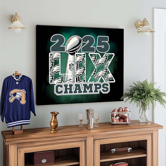 B.B.F MAKE 2025 Super Canvas Bowl Wall Art Champions Eagles Poster Print Philadelphia Oil Painting Canvas Wall Decor Sports Stars Picture Modern Bedroom Living Room Home Decoration, Framed 16x20inch