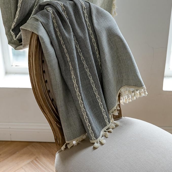 Sutuo Home Boho Curtains for Bedroom Dining Room, Semi Blackout Linen Farmhouse Shabby Chic Tassels Window Treatment Bohemian Embroidery Drape, Rod Pocket 1 Panel 52" W x 84" L, Gray Linen