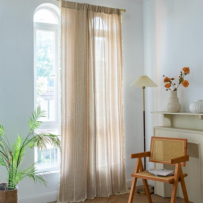 Sutuo Home Natural Boho Curtains 96 Inches Long for Bedroom Living Room, Privacy French Country Farmhouse Vintage Chic Tassels Hollow Window Treatment Bohemian Drape, 1 Panel 52" W x 96" L