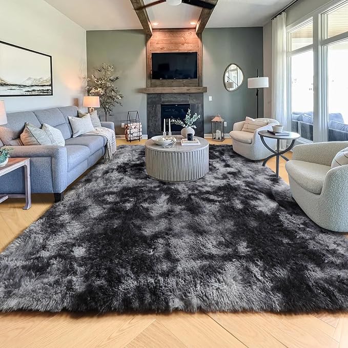 PAGISOFE Area Rugs 9x12 Living Room, Machine Washable Dark Grey Shag Rugs for Bedroom, Extra Large Thick Gray Fluffy Nursery Carpet Boys Girls Dorm Pastel Rugs for Kids Room Home Decor Aesthetic