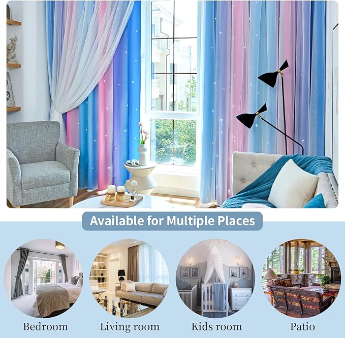 Star Blackout Curtains for Bedroom - Cute Kids Rainbow Curtains, 108 Inches Long 2 Panels, Blue & Purple & Pink