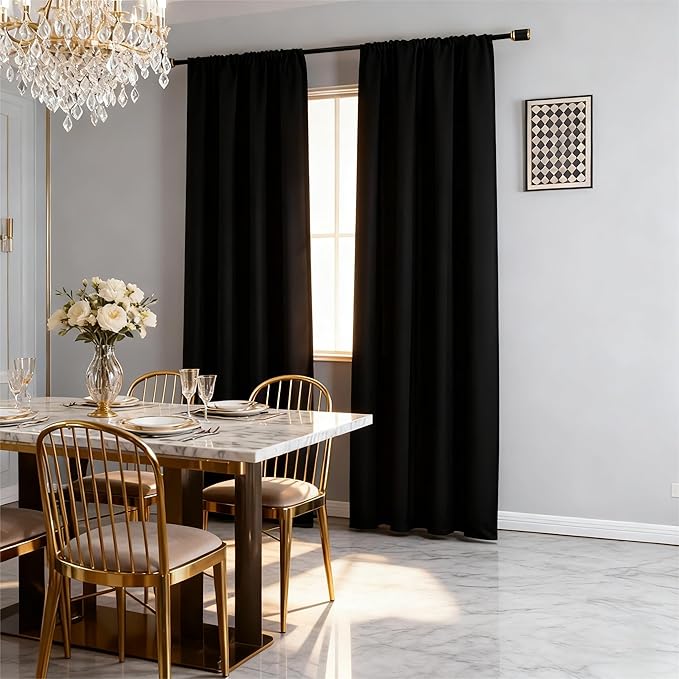 Black 100% Blackout Curtains 84 Inch Length 2 Panels Set, Black Out Curtains for Bedroom 84 Inch Long, Rod Pocket Energy Saving Room Darkening Drapes for Living Room Dining Room Window(W52 x L84)