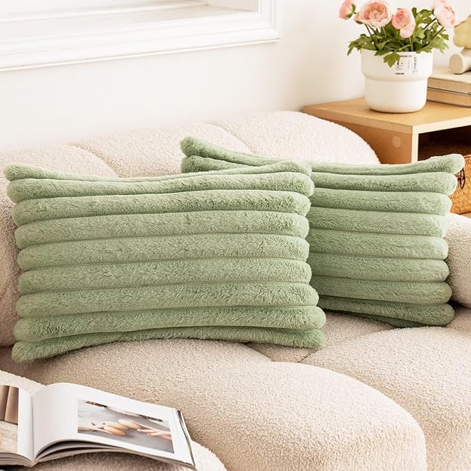 Double-Sided Faux Fur Plush Throw Pillow Covers 12x20 Set of 2 Fuzzy Striped Soft Cozy Pillowcase Luxury Decorative Pillows Christmas Lumbar Cushion Covers for Couch Sofa Bed,Sage Green