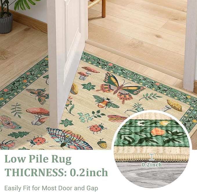 Mushroom Insect 2x6 Runner Rug for Hallway Washable Kitchen Rugs Non Slip with Rubber Back Khaki Green Low-Pile Stain Resistant Indoor Carpet for Entryway Bathroom Laundry Dorm