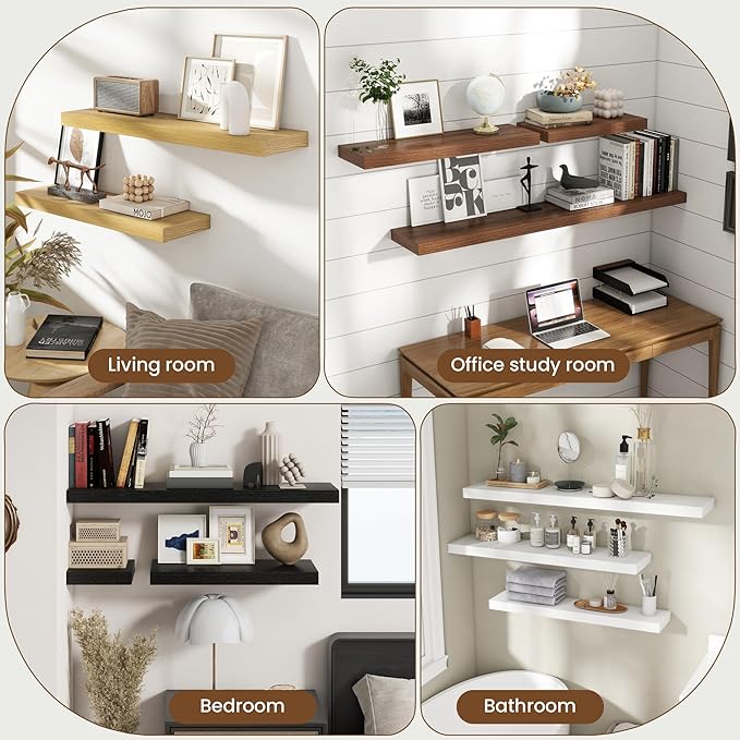 30 Inch Floating Shelves for Wall, 8 Inch Deep Floating Shelf for Storage & Display, Rustic Wall Mounted Shelf with Invisible Brackets for Living Room, Kitchen, Bathroom, Home Decor, Set of 2, White