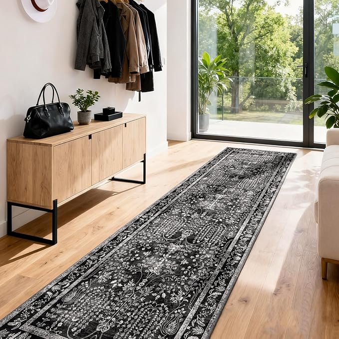 2x6 Runner Rugs for Hallways: Washable Kitchen Rugs Ultra Soft Vintage Carpet Low Pile Floral Runner with Rubber Backing Non Slip for Bedroom Bathroom Laundry Living Room Dining Black White
