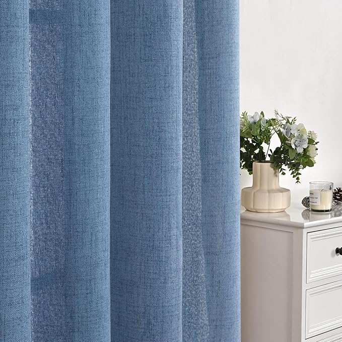 YoungsTex Denim Blue Linen Curtains 68 Inch Length for Living Room, Semi Sheer Light Filtering Window Drapes with Bronze Grommet Privacy for Farmhouse Bedroom, 52 x 68 Inch, 2 Panels
