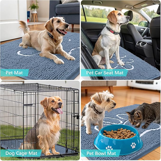 OLANLY Dog Door Mat for Muddy Paws 36x24, Paw Print Design, Absorbs Moisture and Dirt, Non-Slip Washable Doormat, Quick Dry Chenille Mud Mat, Entry Indoor Entryway Carpet, Airy Blue and White