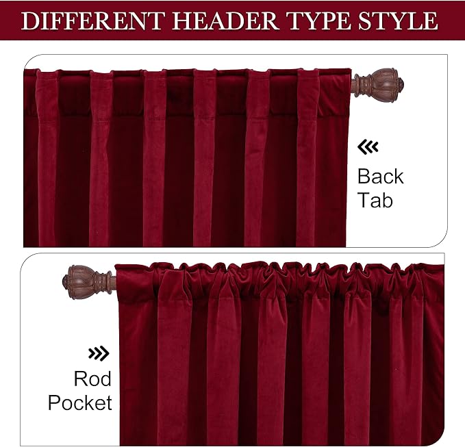 RYB HOME Red Velvet Curtains 92 inches, Back Tab Soft Fabric Room Darkening Thermal Insulated Luxurious Home Decor Curtains for Living Room Bedroom, W 52" x L 92", 2 Panels Set