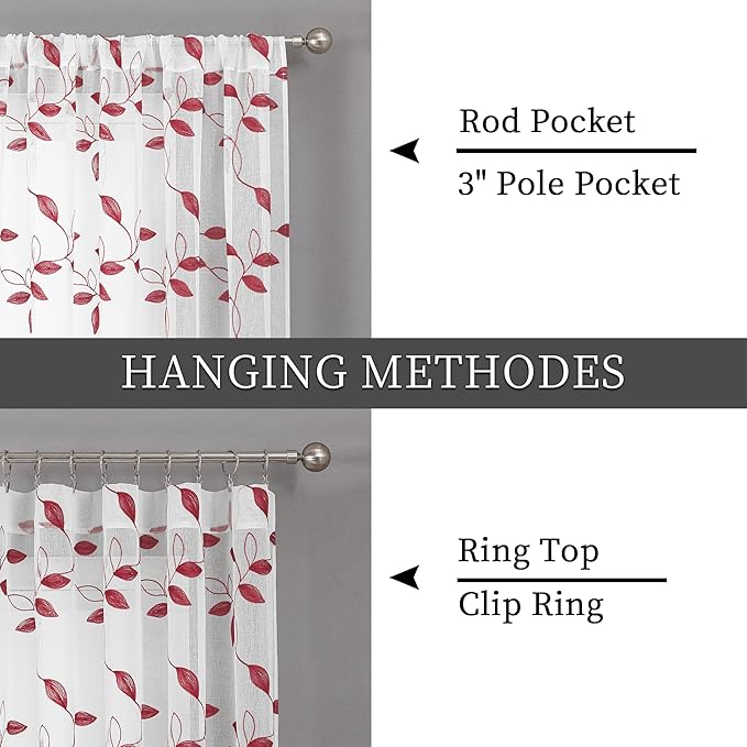 Tollpiz Burgundy Red Leaf Sheer Curtain Leaves Embroidered Bedroom Curtains Rod Pocket Voile Window Treatment for Living Room, 54 x 95 inches Long, Set of 2 Panels