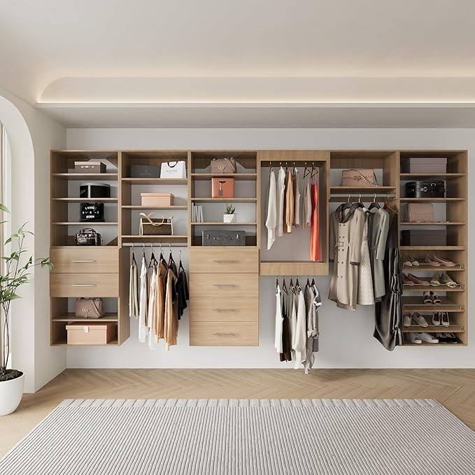 4 Drawer Short Tower Closet Unit, Modular Closet System, Wood Closet System Organizer with Storage for Walk In Closets, Clothing Rack Closet for Hanging Clothes, Bedroom, Wood, 31.5"W