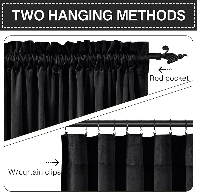 StangH Black Velvet Curtains 108 inches Long - Thermal Blackout Window Treatment Privacy Drapes with Dual Rod Pocket for Living Room/Basement Backdrops, 52 x 108 inches, 2 Panels