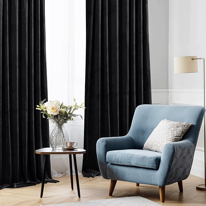 StangH Black Velvet Curtains - Premium Blackout Drapes for Bedroom, Heavy Soft Curtains with Light Blocking, Classic Black Home Decor, W52 x L100, 2 Panels
