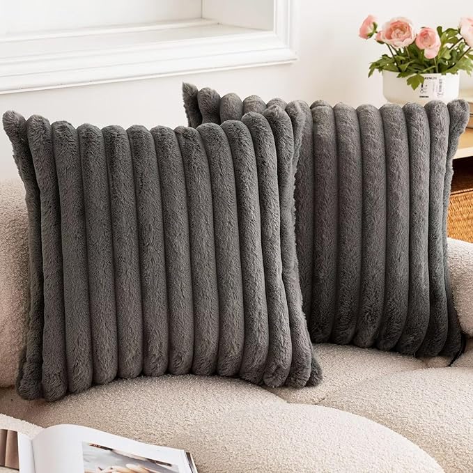 Double-Sided Faux Fur Plush Throw Pillow Covers 20x20 Set of 2 Fuzzy Striped Soft Cozy Pillowcase Luxury Decorative Pillows Square Shaggy Cushion Covers for Couch Sofa Bed,Dark Grey